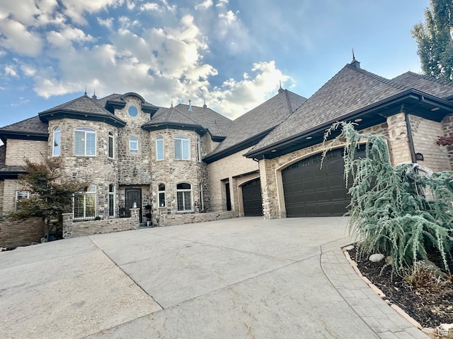 french country style house with an attached garage, stone siding, and driveway