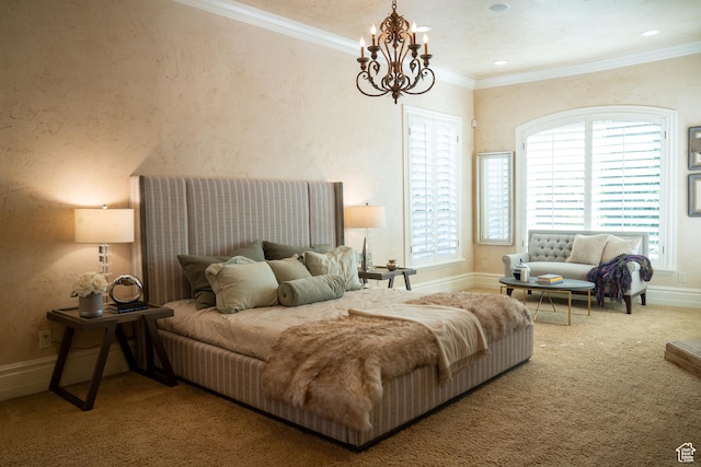 carpeted bedroom featuring a notable chandelier, ornamental molding, baseboards, and recessed lighting