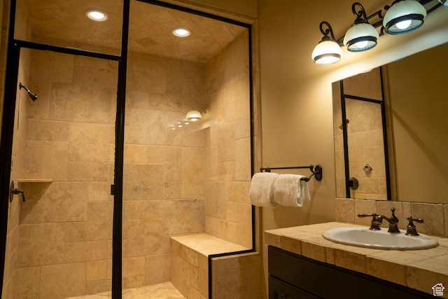 bathroom featuring recessed lighting, a stall shower, and vanity
