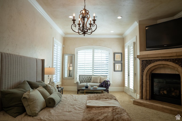 bedroom featuring light colored carpet, crown molding, an inviting chandelier, and a fireplace