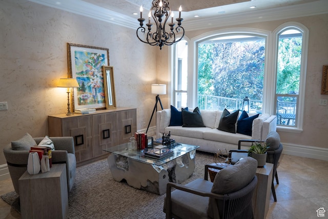 living room with a chandelier, ornamental molding, and a healthy amount of sunlight