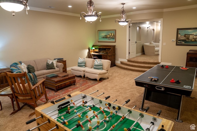rec room featuring recessed lighting, carpet, baseboards, and ornamental molding