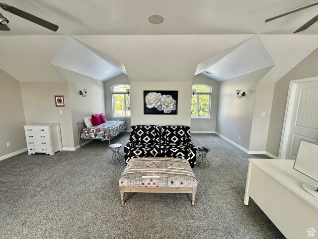 2662 N 1550 W, Pleasant Grove, UT 84062 - bedroom featuring carpet flooring, vaulted ceiling, multiple windows, a ceiling fan, and baseboards