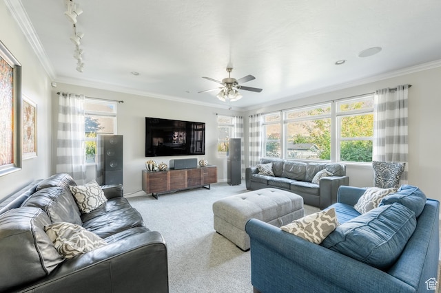 2662 N 1550 W, Pleasant Grove, UT 84062 - carpeted living room featuring rail lighting, ceiling fan, plenty of natural light, ornamental molding, and baseboards