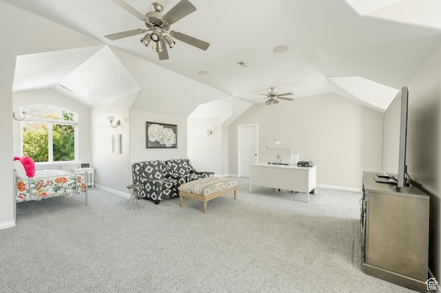 2662 N 1550 W, Pleasant Grove, UT 84062 - living room with a ceiling fan, light carpet, lofted ceiling, baseboards, and an office area