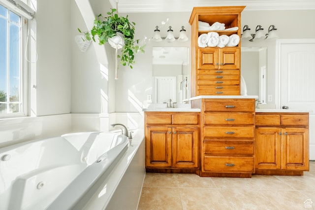 2662 N 1550 W, Pleasant Grove, UT 84062 - full bathroom featuring plenty of natural light, crown molding, a whirlpool tub, vanity, and tile patterned floors