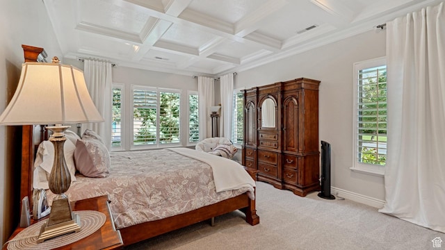 carpeted bedroom featuring beamed ceiling, multiple windows, visible vents, and coffered ceiling