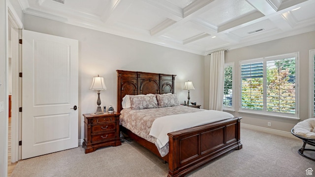 bedroom featuring coffered ceiling, beam ceiling, light carpet, and visible vents