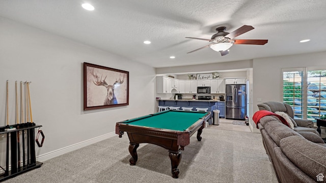 playroom featuring recessed lighting, baseboards, ceiling fan, light carpet, and billiards
