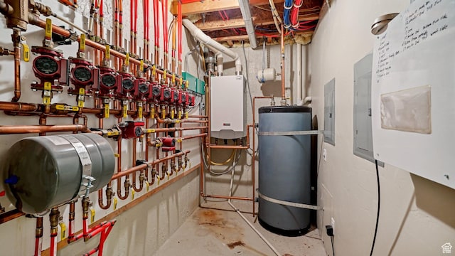 utility room with water heater and electric panel