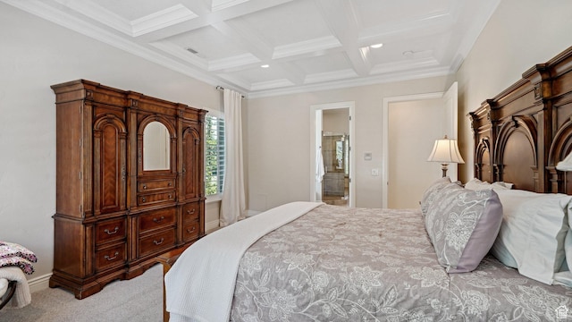 bedroom featuring carpet flooring, coffered ceiling, beam ceiling, ornamental molding, and recessed lighting