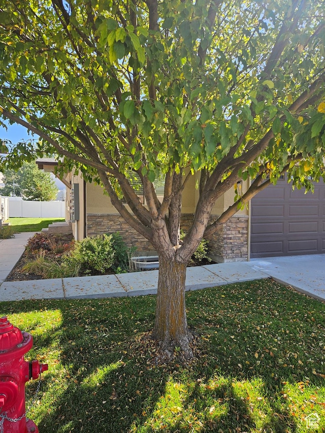 772 S 150 E, Smithfield, UT 84335 - view of property hidden behind natural elements featuring fence, driveway, stone siding, and stucco siding