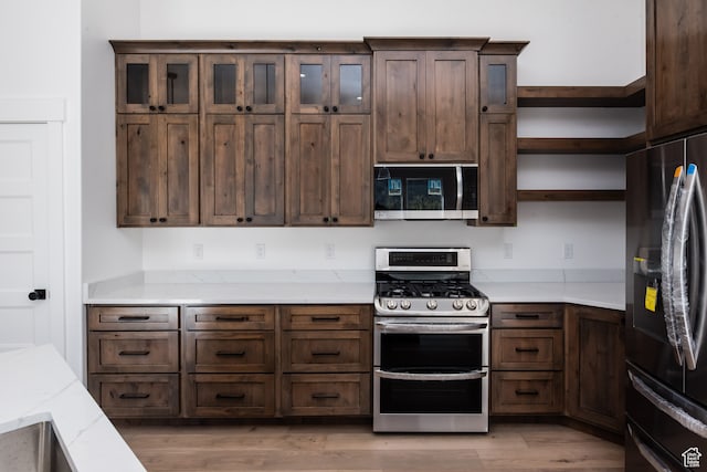 110 S 950 E Unit 45, Hyde Park, UT 84318 - kitchen featuring stainless steel appliances, light stone counters, light hardwood / wood-style floors, and dark brown cabinetry