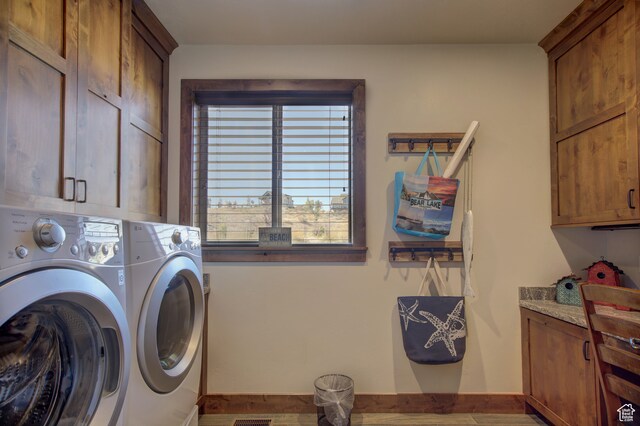 86 Aster Pl, Fish Haven, ID 83287 - clothes washing area featuring cabinets and washing machine and dryer