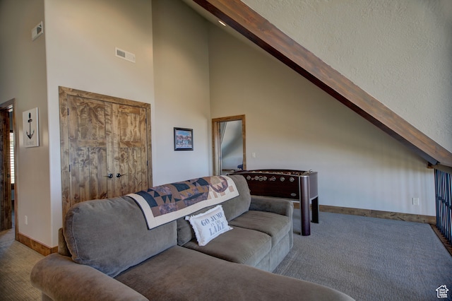 86 Aster Pl, Fish Haven, ID 83287 - living room featuring high vaulted ceiling and carpet floors