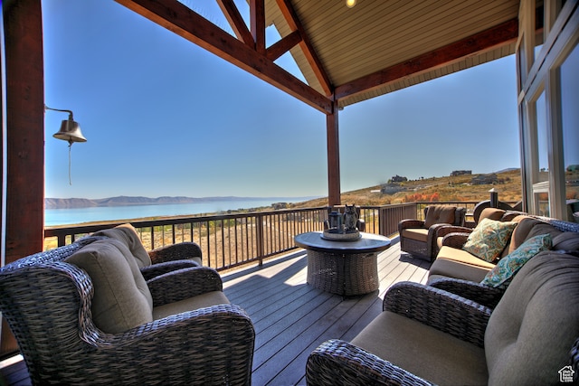 86 Aster Pl, Fish Haven, ID 83287 - wooden terrace featuring a gazebo, a water view, and outdoor lounge area