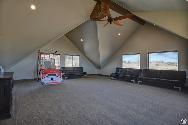 86 Aster Pl, Fish Haven, ID 83287 - interior space featuring carpet, lofted ceiling with beams, and plenty of natural light