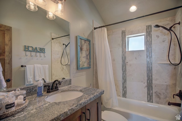 86 Aster Pl, Fish Haven, ID 83287 - full bathroom featuring shower / bath combo, lofted ceiling, vanity, and toilet