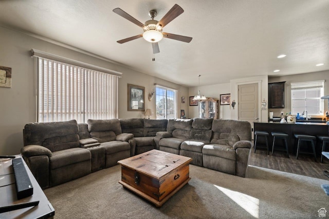 665 S 1400 W, Syracuse, UT 84075 - living area with recessed lighting and ceiling fan with notable chandelier