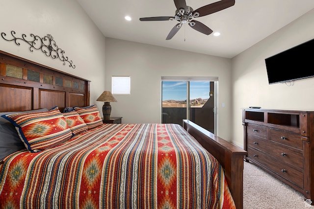 3862 Desert Willow Cir Unit A8, Moab, UT 84532 - bedroom featuring light carpet, lofted ceiling, access to exterior, and ceiling fan