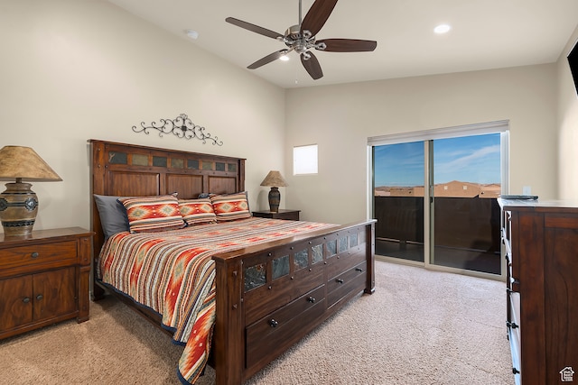 3862 Desert Willow Cir Unit A8, Moab, UT 84532 - bedroom featuring lofted ceiling, light carpet, ceiling fan, and access to exterior