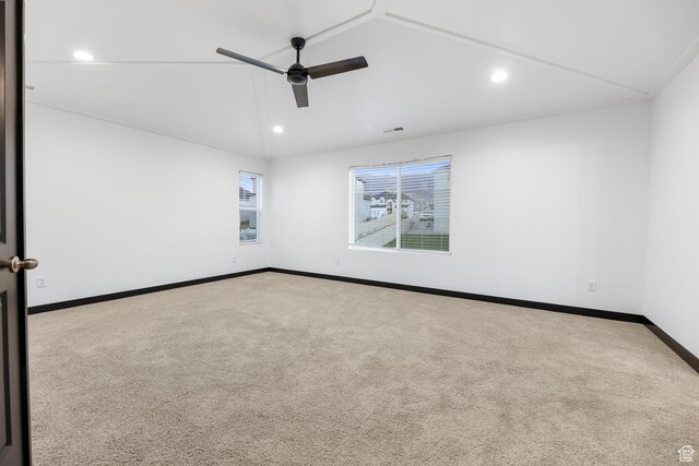 2867 S Greenhead Dr, Saratoga Springs, UT 84045 - carpeted empty room featuring ceiling fan, vaulted ceiling, visible vents, recessed lighting, and baseboards