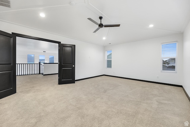 2867 S Greenhead Dr, Saratoga Springs, UT 84045 - empty room with visible vents, a ceiling fan, carpet floors, and lofted ceiling