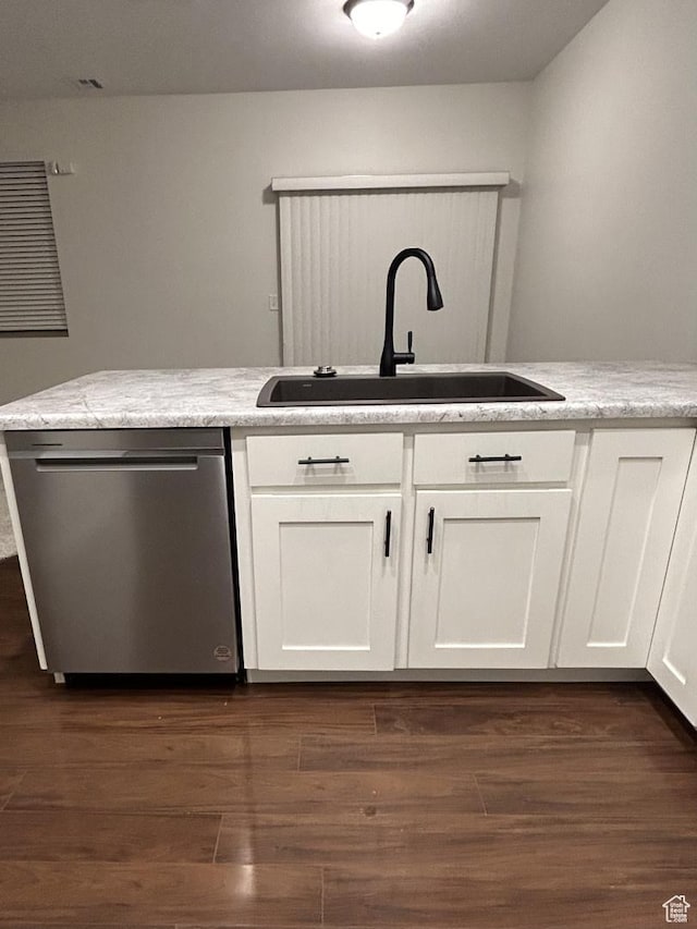 6912 S Village Haven Ln, Midvale, UT 84047 - kitchen featuring white cabinets, stainless steel dishwasher, dark wood-type flooring, and sink
