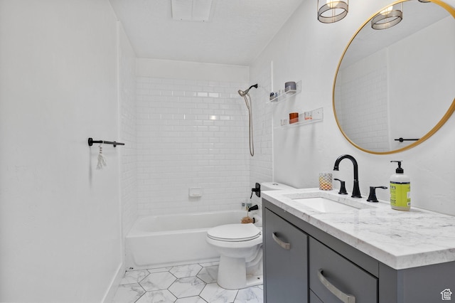 bathroom featuring vanity, shower / tub combination, baseboards, toilet, and visible vents