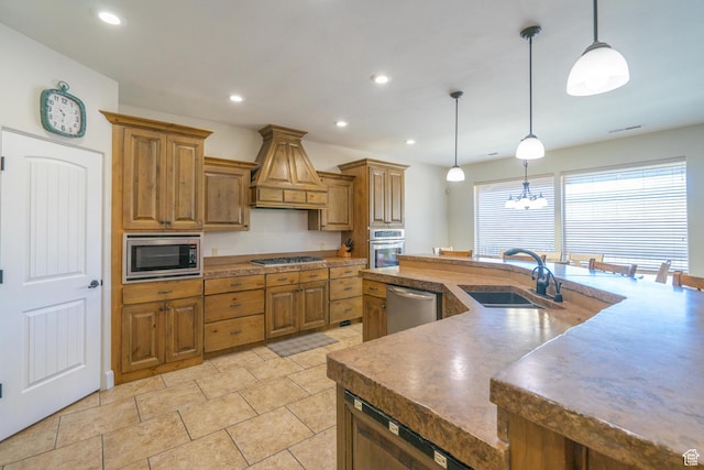 2042 Westcliff Dr, St George, UT 84790 - kitchen featuring a sink, brown cabinetry, decorative light fixtures, appliances with stainless steel finishes, and premium range hood