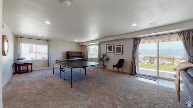 recreation room with a wealth of natural light, a textured ceiling, and carpet