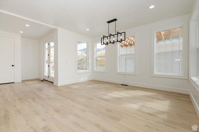 1153 E 160 N, Hyde Park, UT 84318 - unfurnished dining area with recessed lighting, an inviting chandelier, visible vents, baseboards, and light wood-style flooring