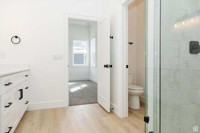 1153 E 160 N, Hyde Park, UT 84318 - bathroom featuring a shower stall, wood finished floors, toilet, vanity, and baseboards
