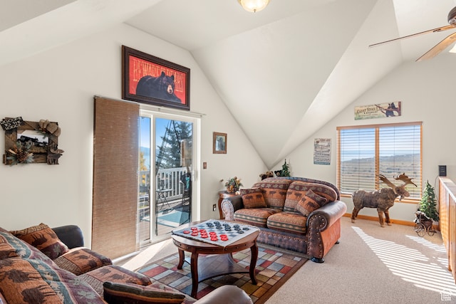 213 Lewis Loop Unit 38, Fish Haven, ID 83287 - living room featuring ceiling fan, carpet floors, and vaulted ceiling