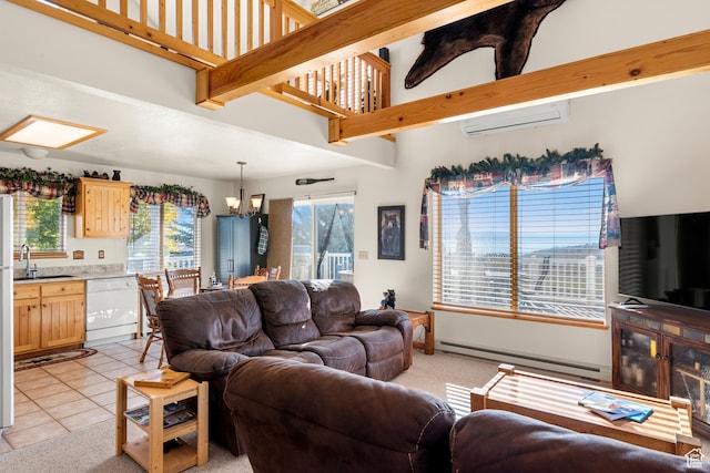 213 Lewis Loop Unit 38, Fish Haven, ID 83287 - tiled living room featuring a notable chandelier, baseboard heating, sink, and a wall mounted AC