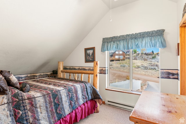213 Lewis Loop Unit 38, Fish Haven, ID 83287 - bedroom featuring lofted ceiling, light colored carpet, and baseboard heating