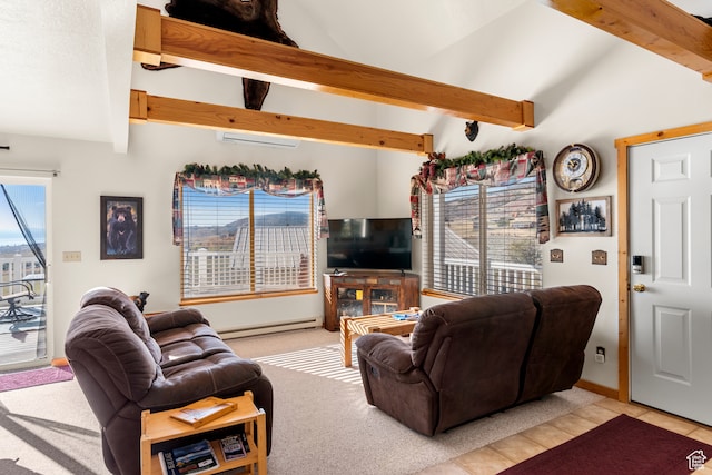 213 Lewis Loop Unit 38, Fish Haven, ID 83287 - living room featuring light tile patterned flooring, high vaulted ceiling, baseboard heating, and beam ceiling