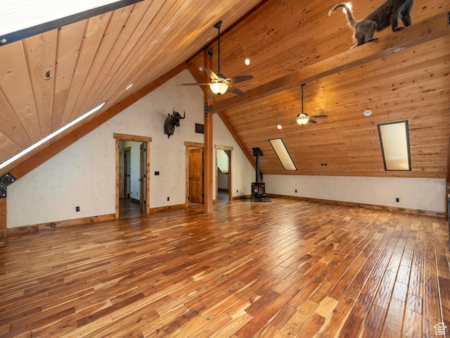 2050 W 2130 N, Helper, UT 84526 - unfurnished living room featuring a wood stove, a ceiling fan, vaulted ceiling, hardwood / wood-style floors, and wooden ceiling
