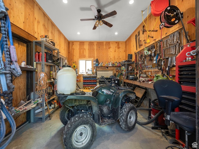 2050 W 2130 N, Helper, UT 84526 - garage with wooden walls, ceiling fan, recessed lighting, and a workshop area