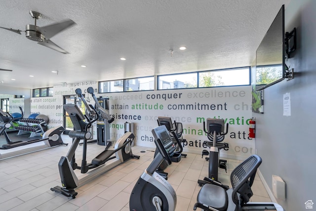 548 E 300 N, Vineyard, UT 84059 - workout area featuring a textured ceiling, a ceiling fan, and recessed lighting
