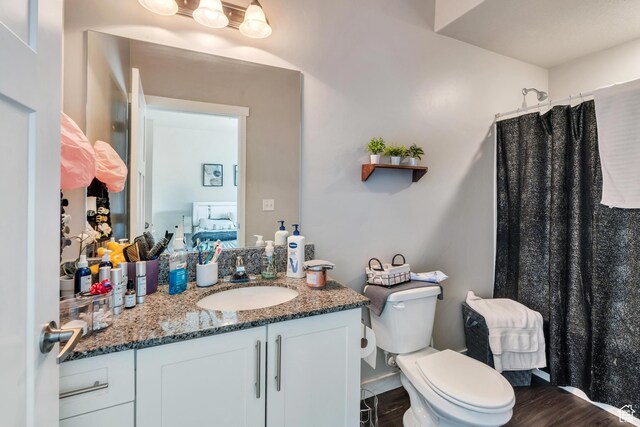 265 N 670 E, Vineyard, UT 84059 - ensuite bathroom featuring vanity, ensuite bath, toilet, wood finished floors, and a shower with shower curtain