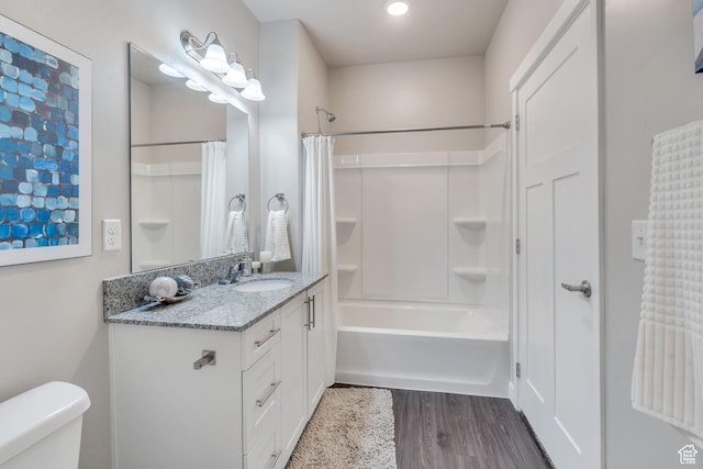 265 N 670 E, Vineyard, UT 84059 - bathroom with shower / bath combo, wood finished floors, toilet, and vanity