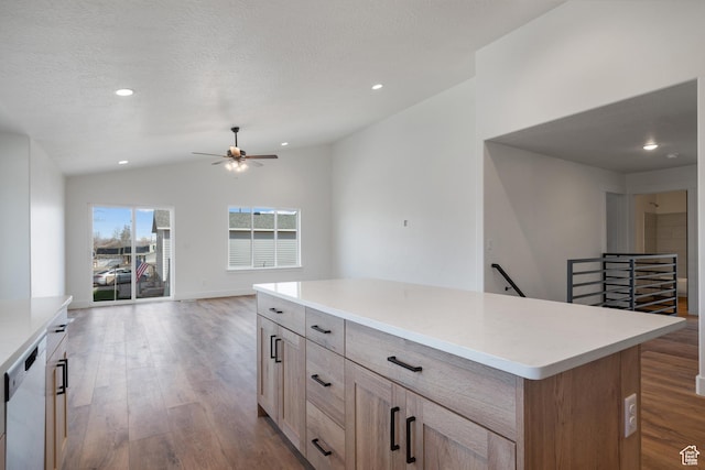 292 500 N, Santaquin, UT 84655 - kitchen with lofted ceiling, open floor plan, ceiling fan, dishwashing machine, and wood finished floors