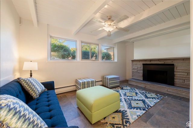 living room featuring a stone fireplace, baseboard heating, beam ceiling, and wood ceiling