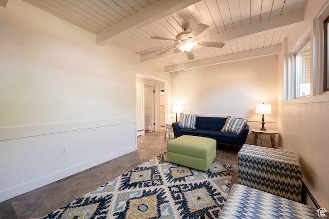 sitting room featuring beamed ceiling, ceiling fan, and wooden ceiling