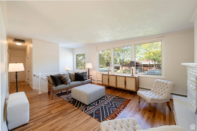 living room featuring a stone fireplace, a baseboard radiator, light hardwood / wood-style floors, and ornamental molding