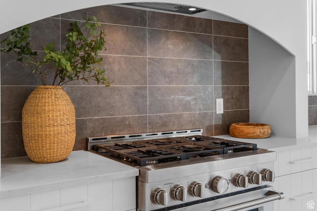 3617 S Cypress Point Rd, Hurricane, UT 84737 - details featuring white cabinetry, gas stove, and decorative backsplash