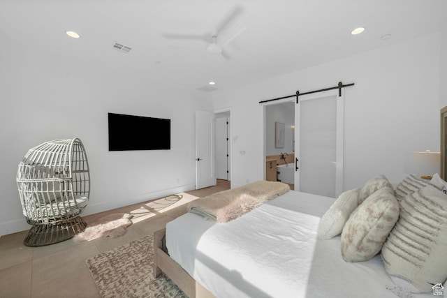 3617 S Cypress Point Rd, Hurricane, UT 84737 - bedroom featuring ceiling fan and a barn door