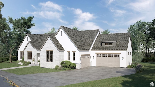 242 Selman Ridge Dr Unit 20, Salem, UT 84653 - view of front of property featuring a front yard, an attached garage, stone siding, concrete driveway, and roof with shingles