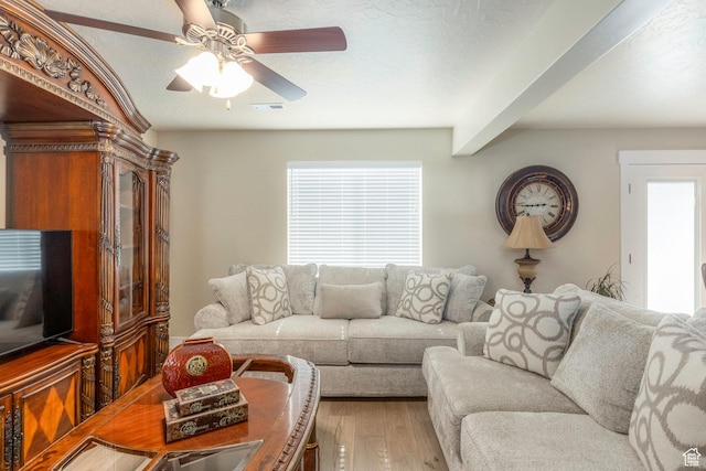 1485 W 350 N, Springville, UT 84663 - living room with a ceiling fan, visible vents, and light wood-type flooring
